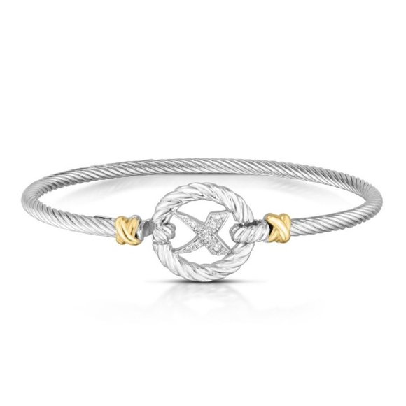 Silver & 18K Gold Diamond Italian Cable 'X' Bangle - Picture 1 of 1